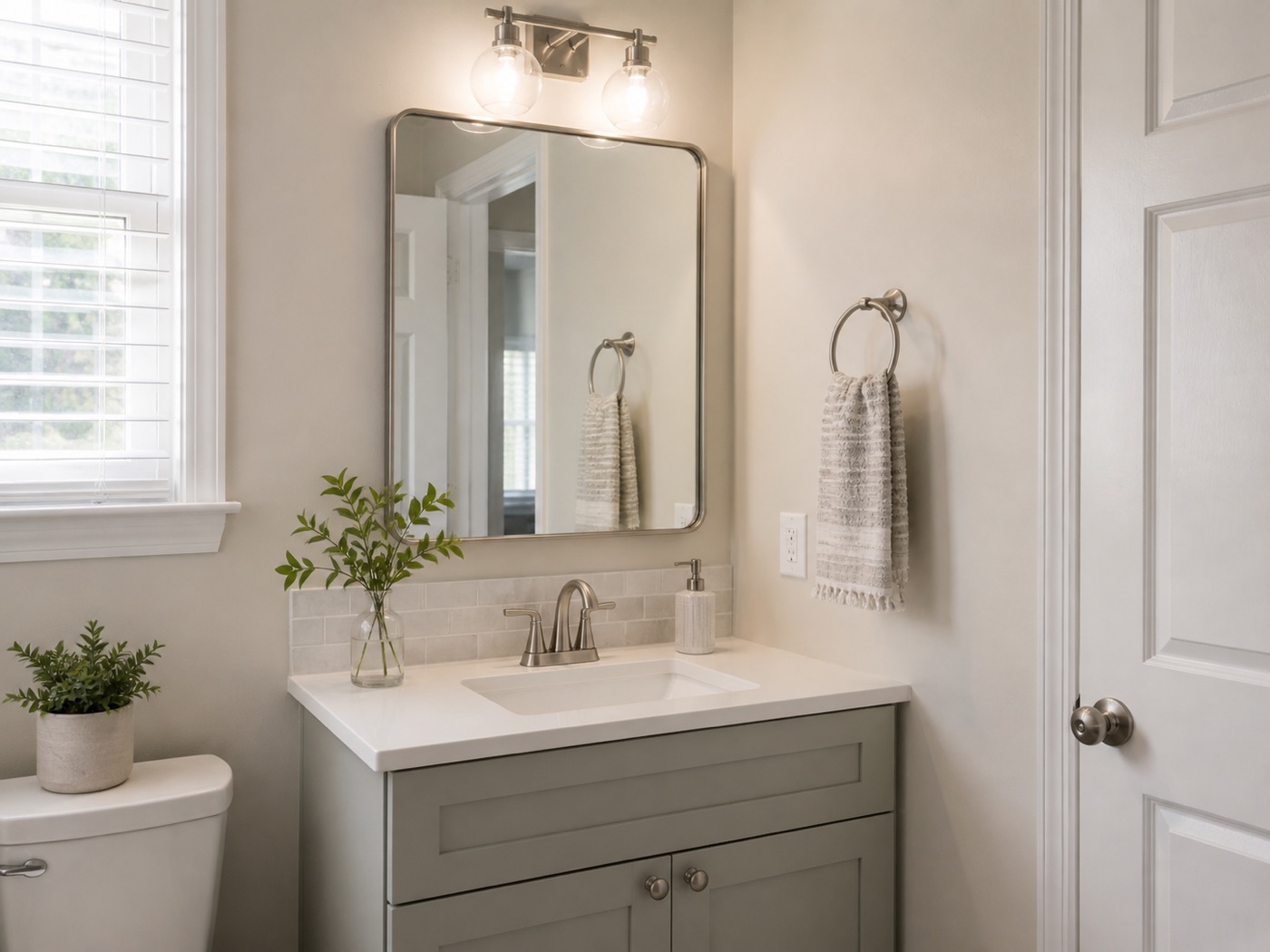 Modern bathroom vanity update with new fixtures and stone counter