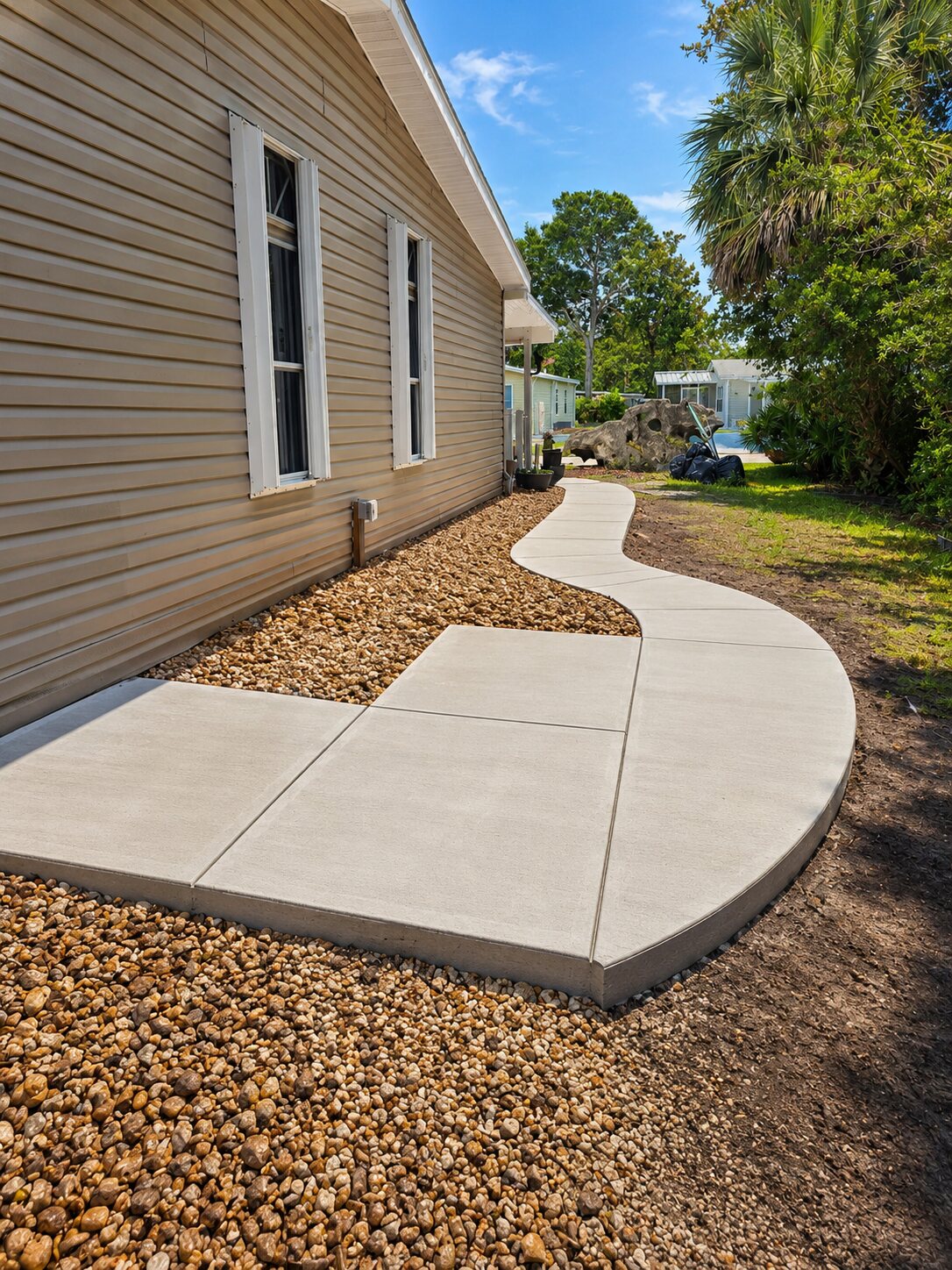 Curved concrete sidewalk running along the side of a house with gravel edging