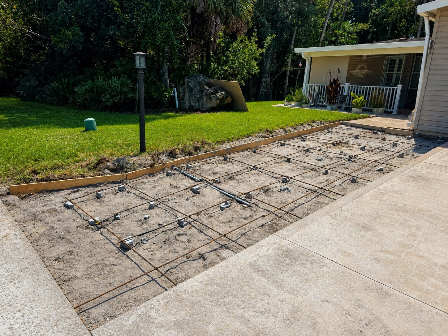 Wide view of driveway widening preparation with the rebar grid in place