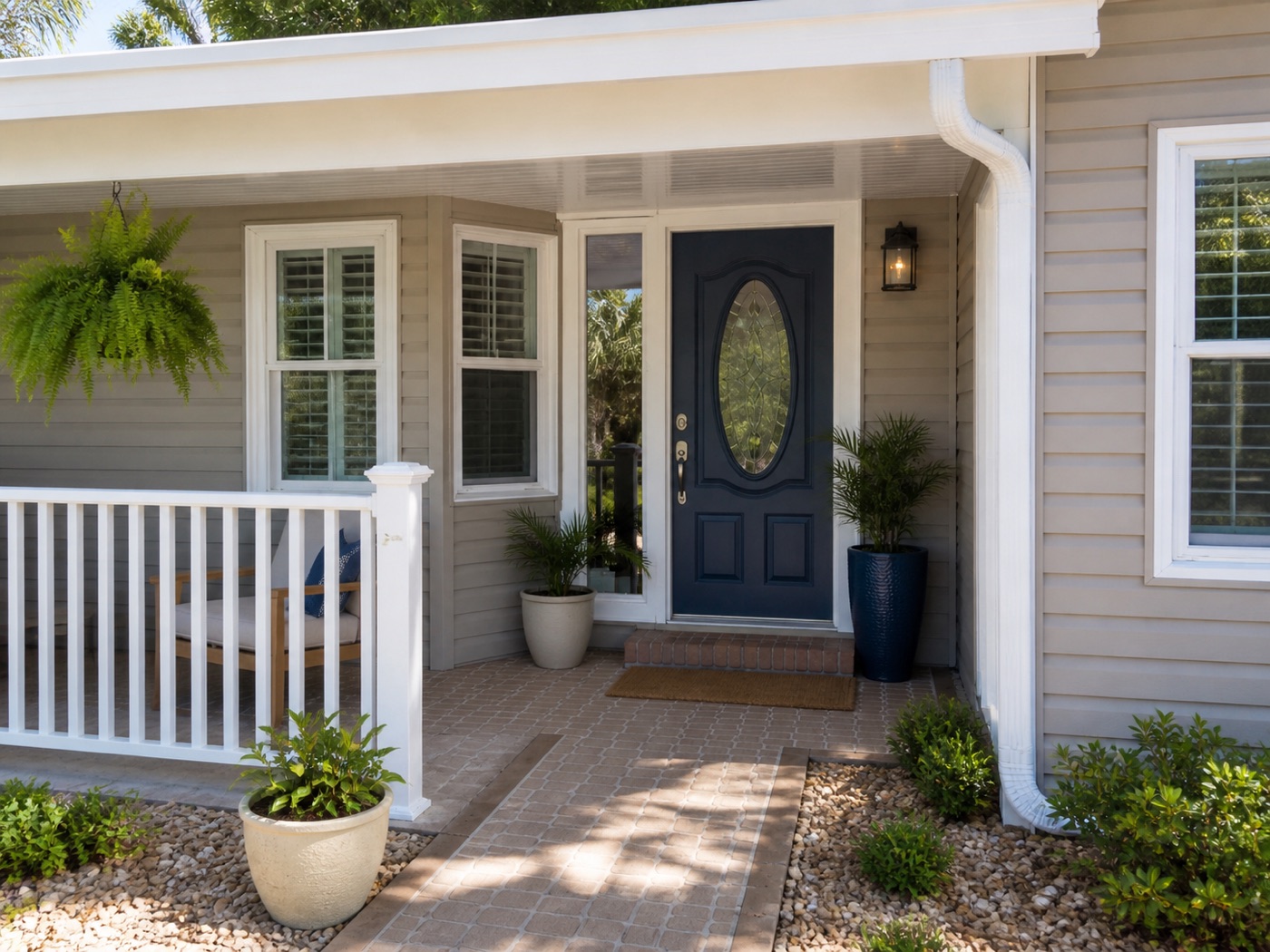 George Cassidy's craftsmanship, a Florida home entrance with brick pavers, plantation shutters, and clean carpentry