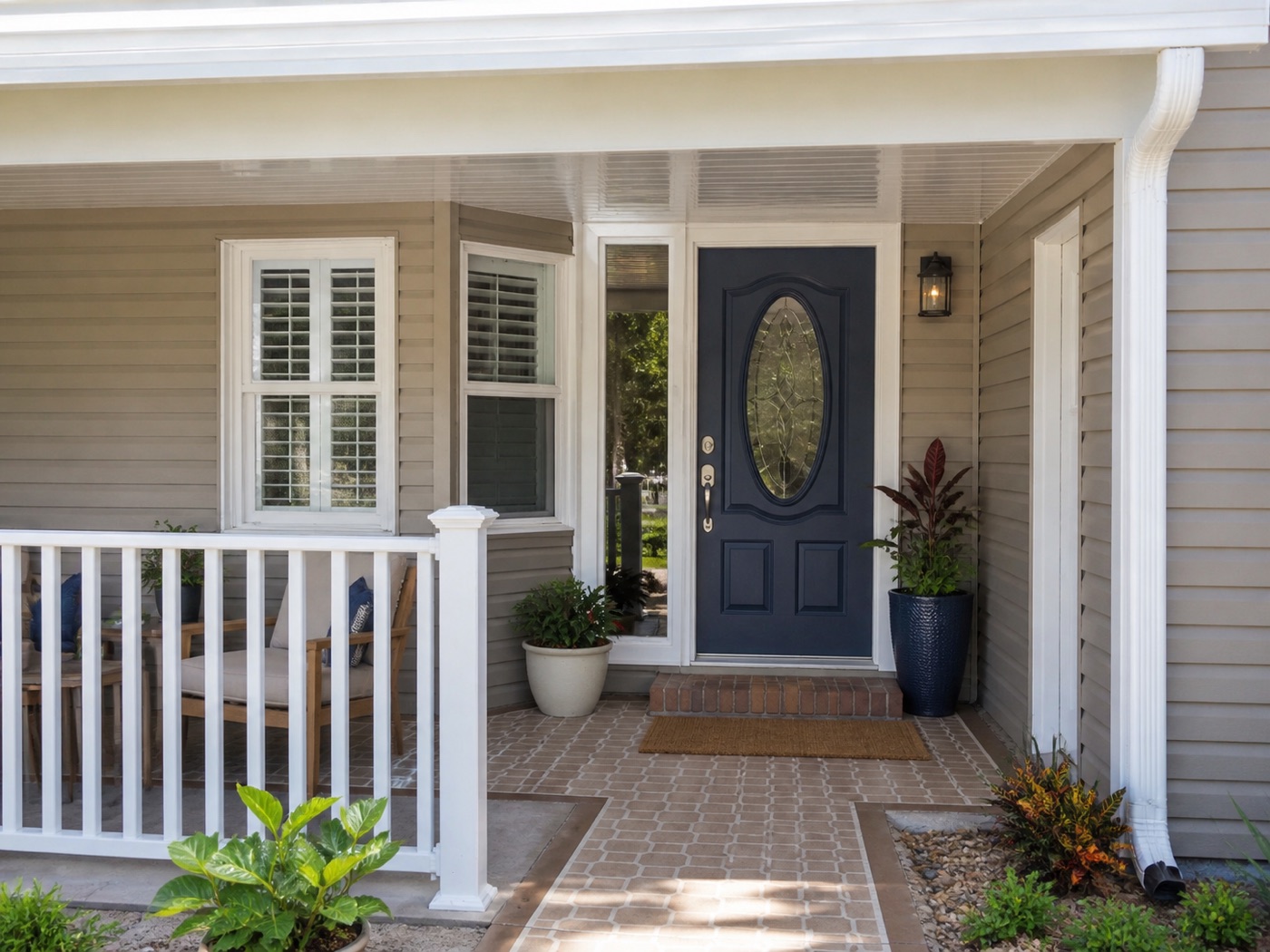 Front entrance with navy door, plantation shutters, and brick walkway