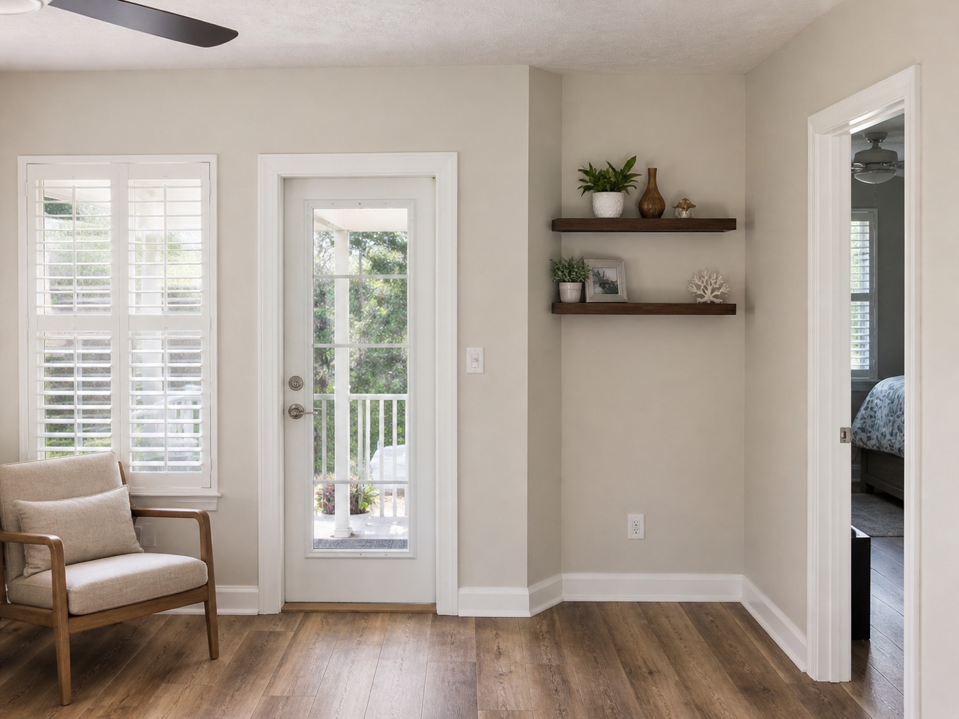 Interior with French door and floating shelves