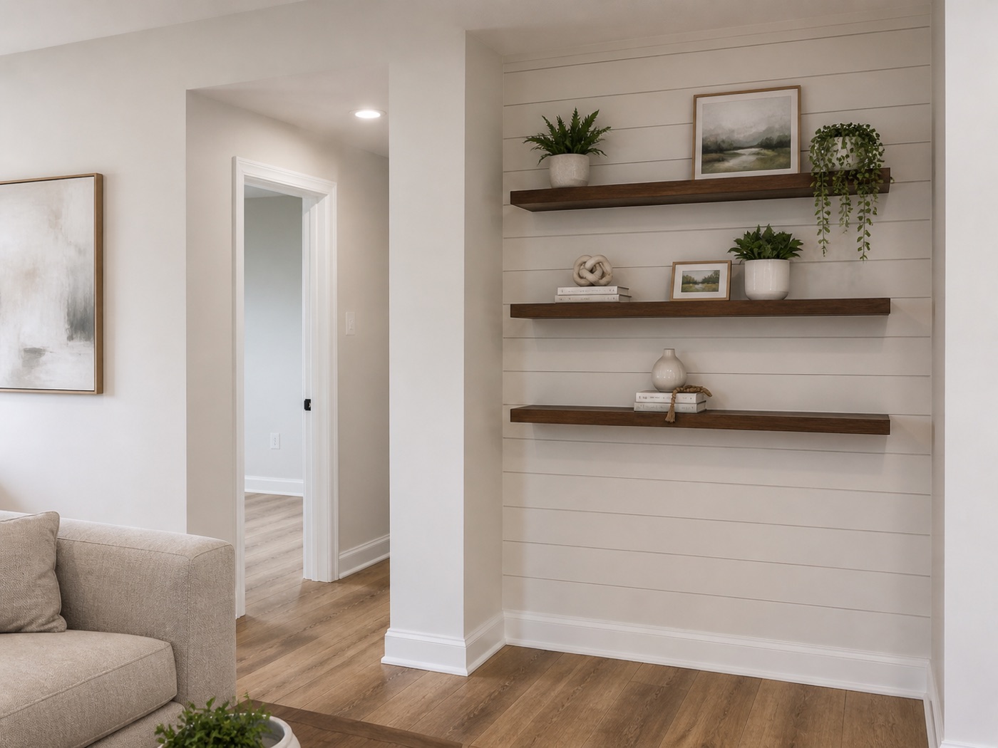 Interior carpentry and shiplap accent wall with floating shelves by George's Home Works